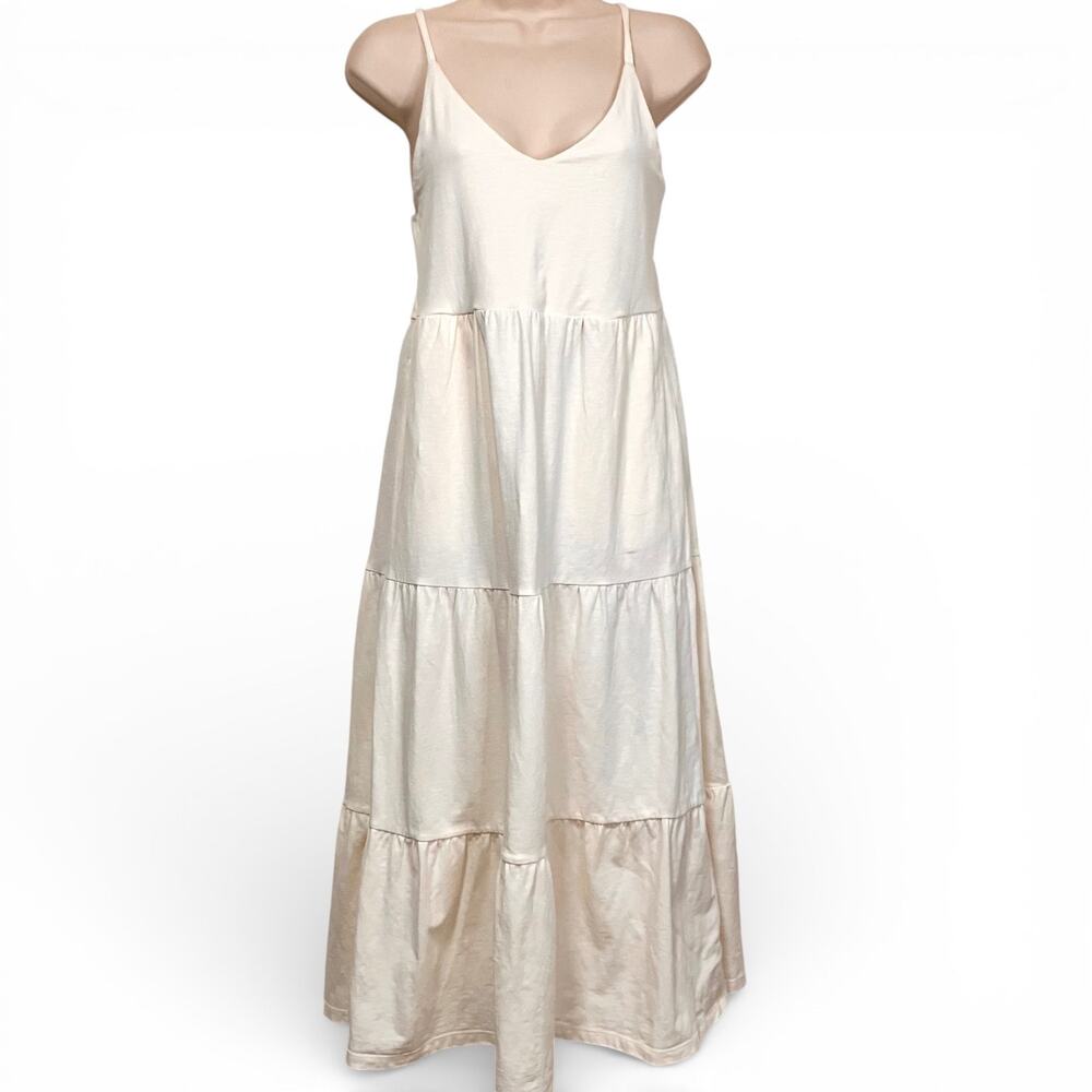 Old Navy Cream Tiered Maxi Dress S Cotton Pockets Open Tie Back Clean Girl Chic
